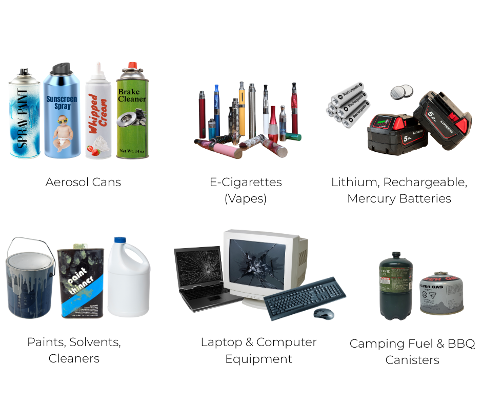 Household Hazardous Waste items grouped by kind: four types of aerosol cans; different e-cigarettes (vapes); lithium, rechargeable, and mercury batteries; a paint can, solvent container, and a cleaning product container; a broken laptop, monitor, and a keyboard and a computer mouse; and camping fuel and BBQ canister (propane)