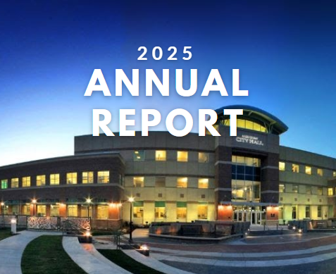 Wide-angle view of City Hall at dusk with the text, 2025 Annual Report